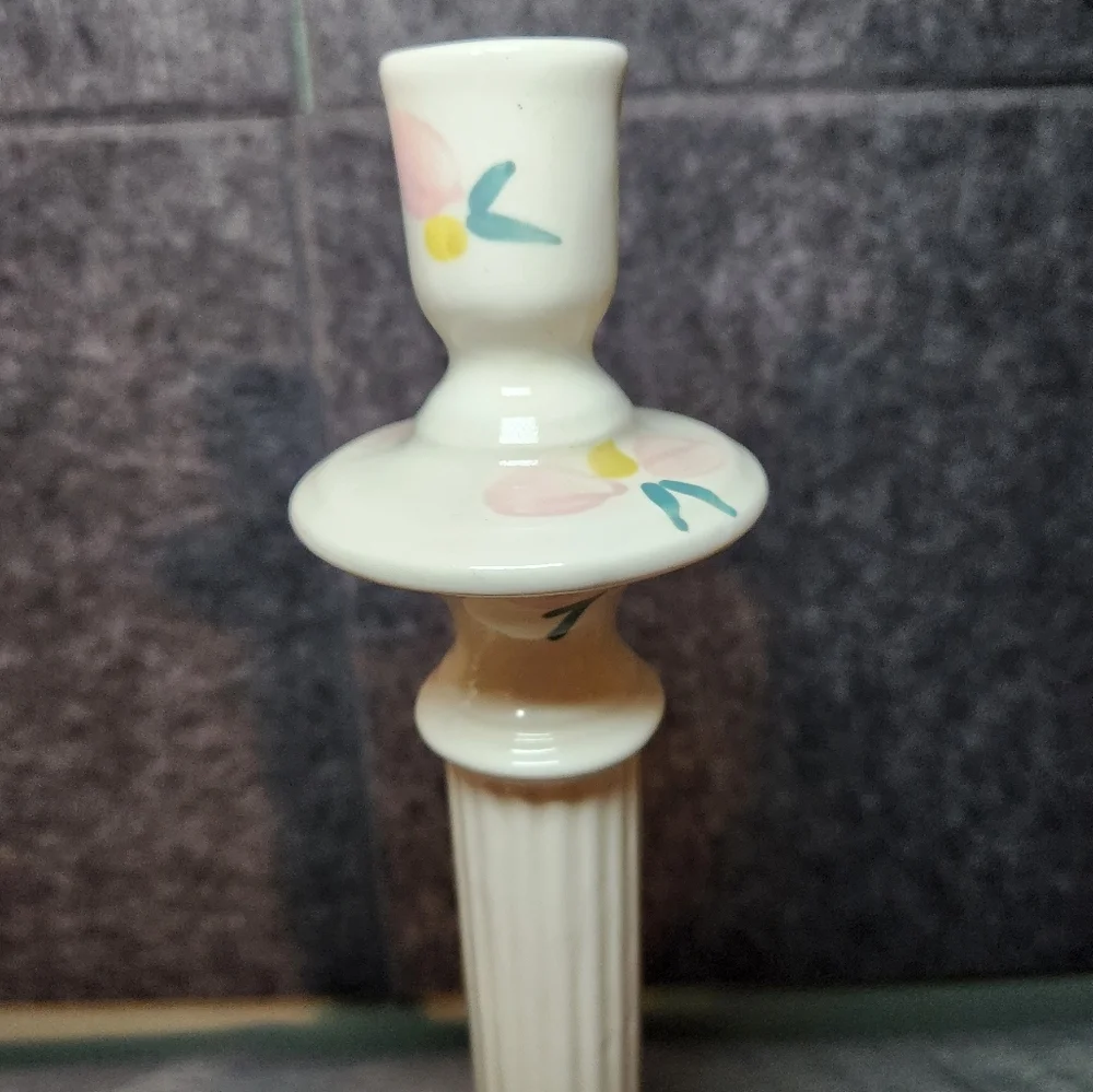 Signed Hand-Painted Ceramic Candlesticks Pink Green Flowers Lattice Design 12